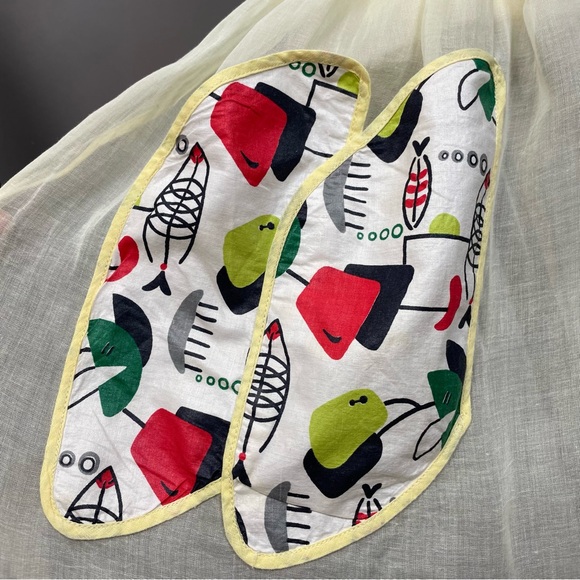 Vintage Half Apron 1950s Pale Yellow Sheer Pocket Hostess Retro Women Rickrack - Picture 6 of 16